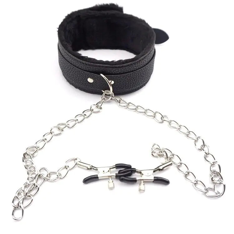 PU Leather Collar with Nipple Clamps