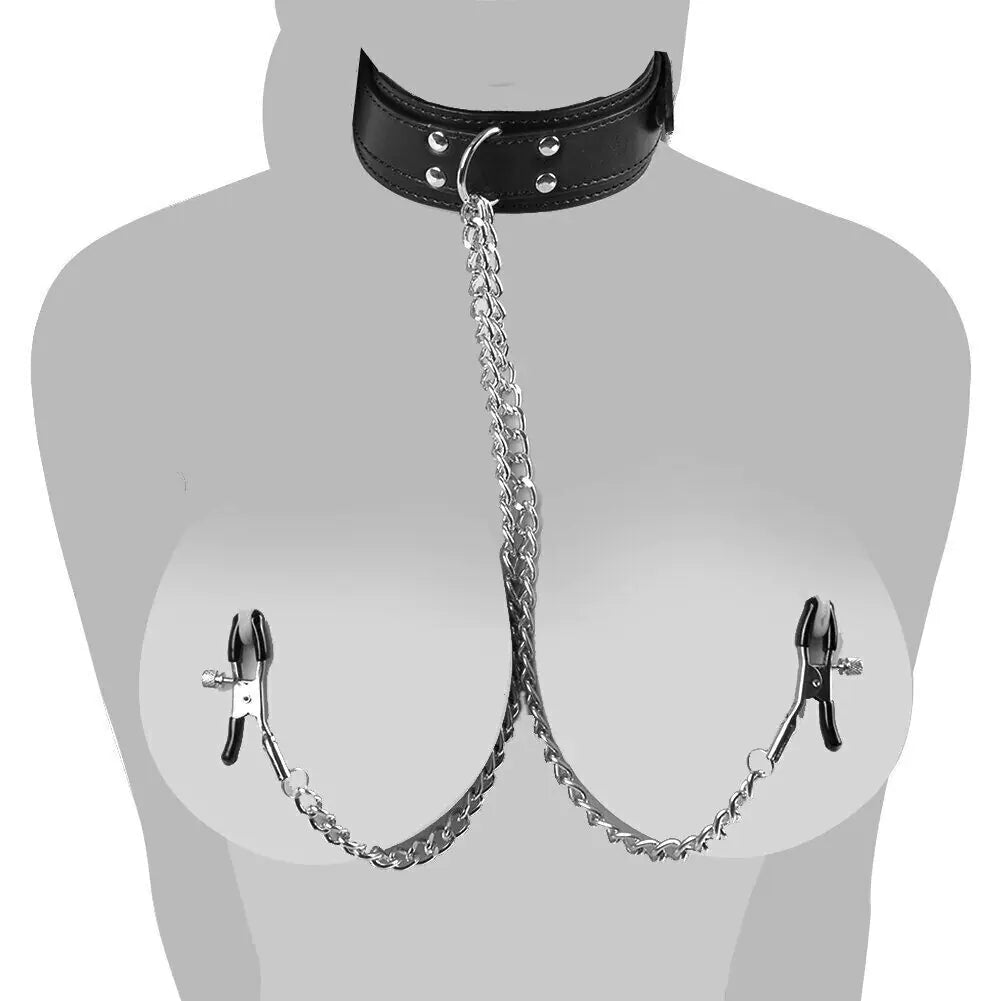 PU Leather Collar with Nipple Clamps