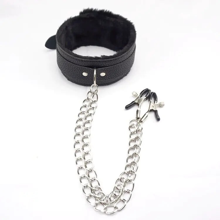 PU Leather Collar with Nipple Clamps